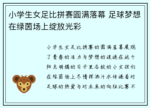 小学生女足比拼赛圆满落幕 足球梦想在绿茵场上绽放光彩