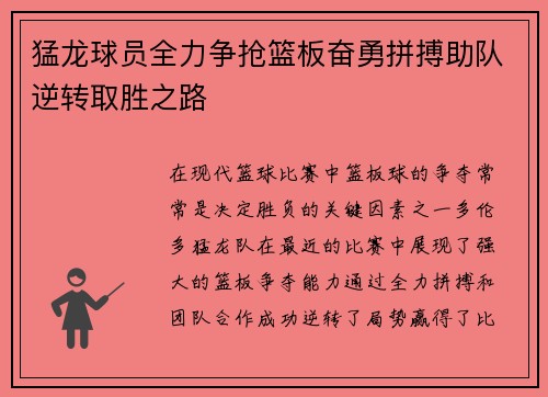 猛龙球员全力争抢篮板奋勇拼搏助队逆转取胜之路