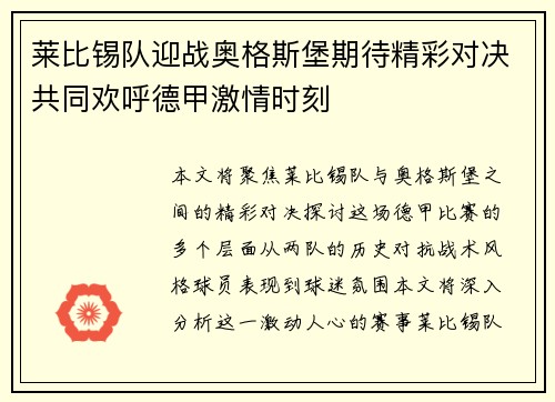莱比锡队迎战奥格斯堡期待精彩对决共同欢呼德甲激情时刻