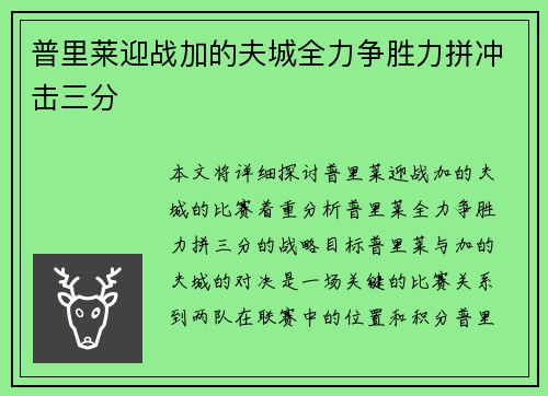 普里莱迎战加的夫城全力争胜力拼冲击三分