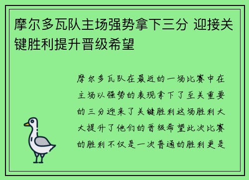 摩尔多瓦队主场强势拿下三分 迎接关键胜利提升晋级希望