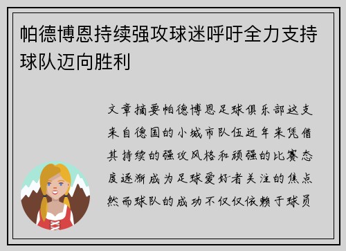 帕德博恩持续强攻球迷呼吁全力支持球队迈向胜利