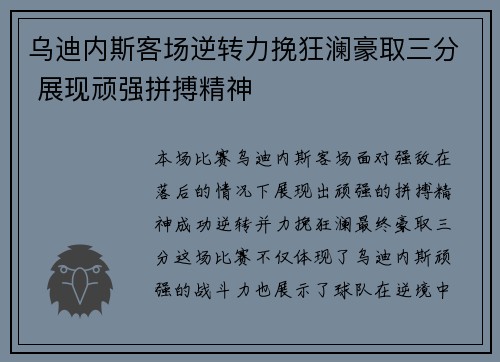 乌迪内斯客场逆转力挽狂澜豪取三分 展现顽强拼搏精神
