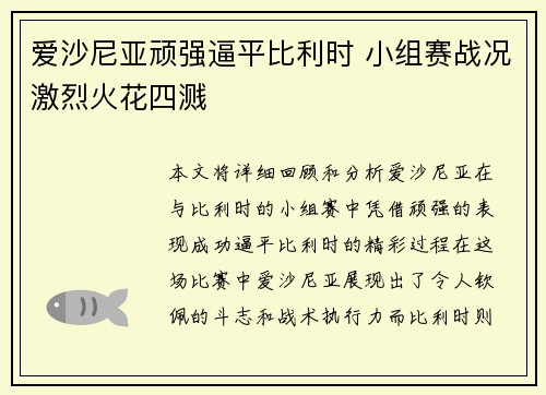 爱沙尼亚顽强逼平比利时 小组赛战况激烈火花四溅