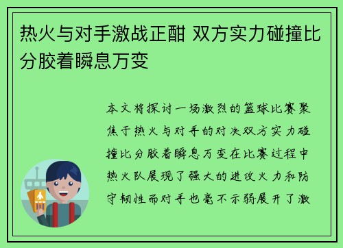 热火与对手激战正酣 双方实力碰撞比分胶着瞬息万变