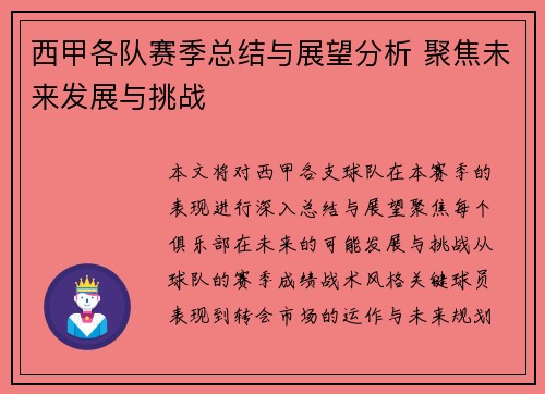西甲各队赛季总结与展望分析 聚焦未来发展与挑战