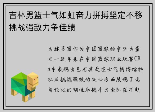 吉林男篮士气如虹奋力拼搏坚定不移挑战强敌力争佳绩