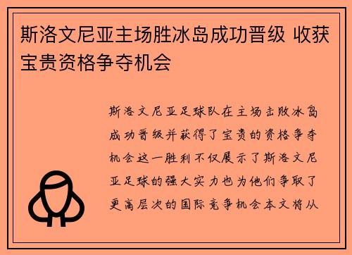 斯洛文尼亚主场胜冰岛成功晋级 收获宝贵资格争夺机会