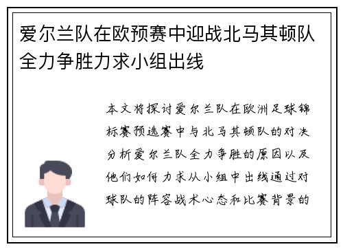 爱尔兰队在欧预赛中迎战北马其顿队全力争胜力求小组出线