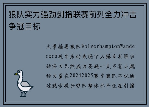 狼队实力强劲剑指联赛前列全力冲击争冠目标