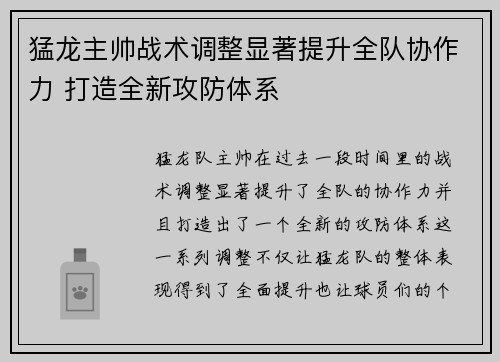 猛龙主帅战术调整显著提升全队协作力 打造全新攻防体系