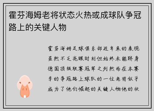 霍芬海姆老将状态火热或成球队争冠路上的关键人物