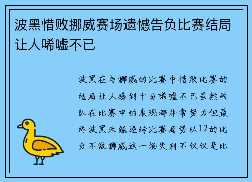 波黑惜败挪威赛场遗憾告负比赛结局让人唏嘘不已