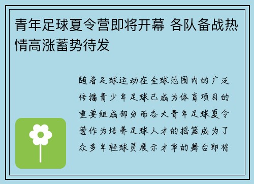 青年足球夏令营即将开幕 各队备战热情高涨蓄势待发