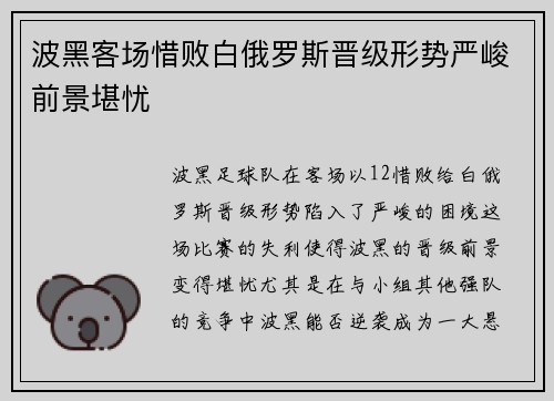 波黑客场惜败白俄罗斯晋级形势严峻前景堪忧
